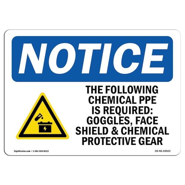 OSHA Sign, Following Chemical PPE Required, 5in X 3.5in Decal, 10PK, 5" W, 3.5" H, Landscape, PK10